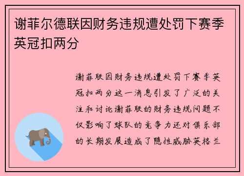 谢菲尔德联因财务违规遭处罚下赛季英冠扣两分